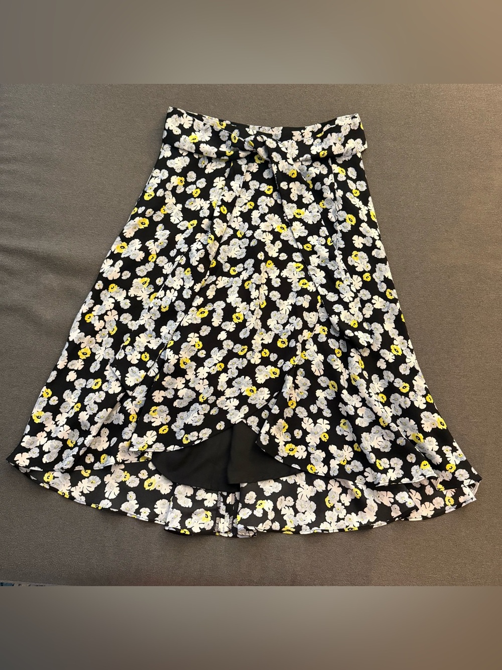 Ann Taylor Black Floral High-Low Wrap Skirt with White & Yellow Blooms